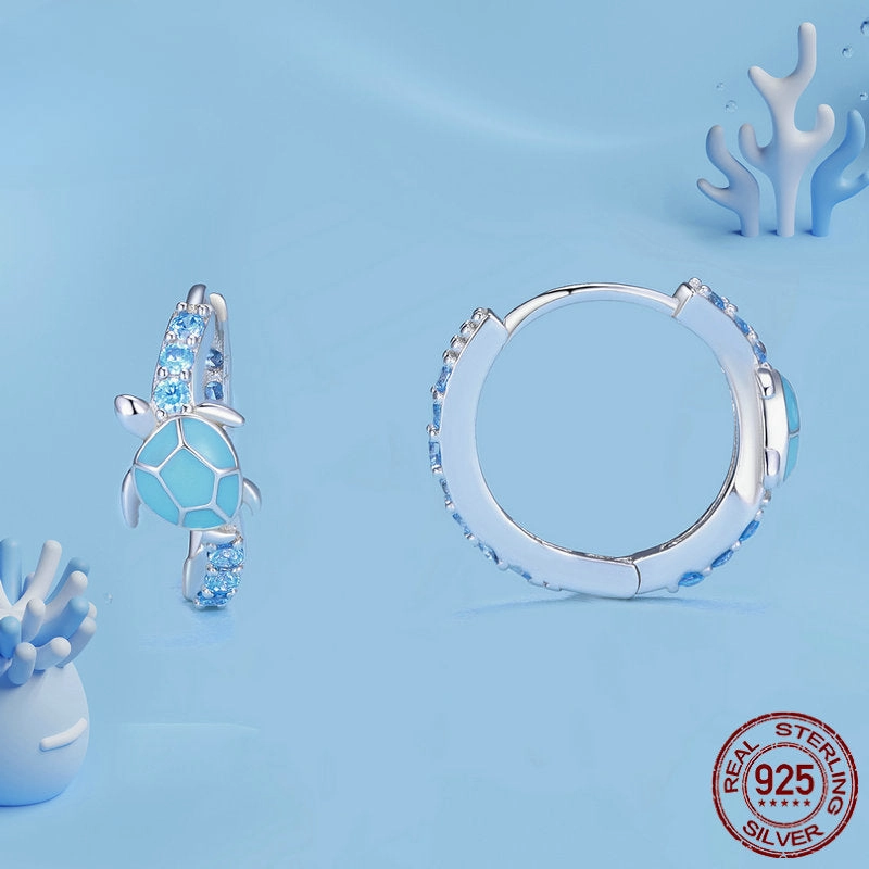 Wholesale 925 Sterling Silver Cute Blue Smart Turtle Earrings
