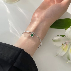 Wholesale 925 Sterling Silver Green Diamond Pendant Pearl Bracelet