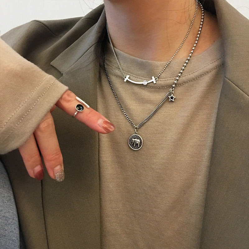 Wholesale 925 sterling silver necklace elephant hip hop lucky bean retro sweater clavicle chain