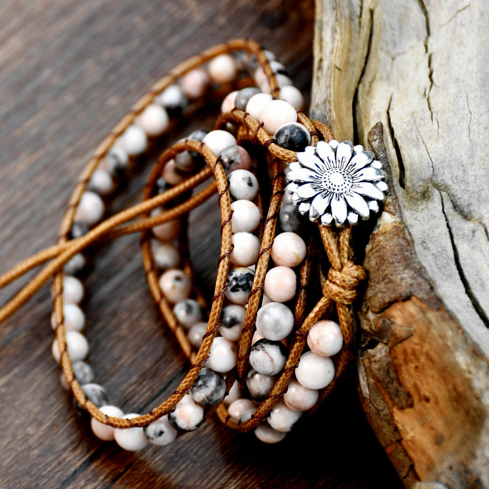 Wholesale  accessories hand-woven pink zebra stone beaded bracelet vintage bohemian multi-layer bracelet for women
