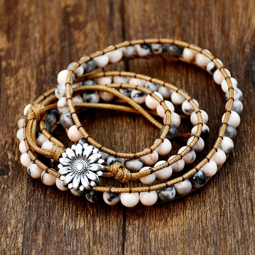 Wholesale  accessories hand-woven pink zebra stone beaded bracelet vintage bohemian multi-layer bracelet for women
