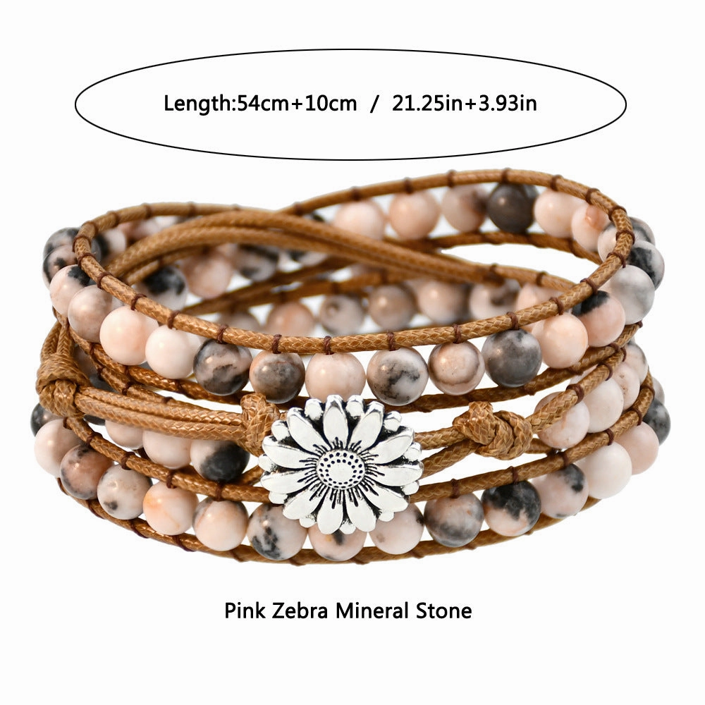 Wholesale  accessories hand-woven pink zebra stone beaded bracelet vintage bohemian multi-layer bracelet for women