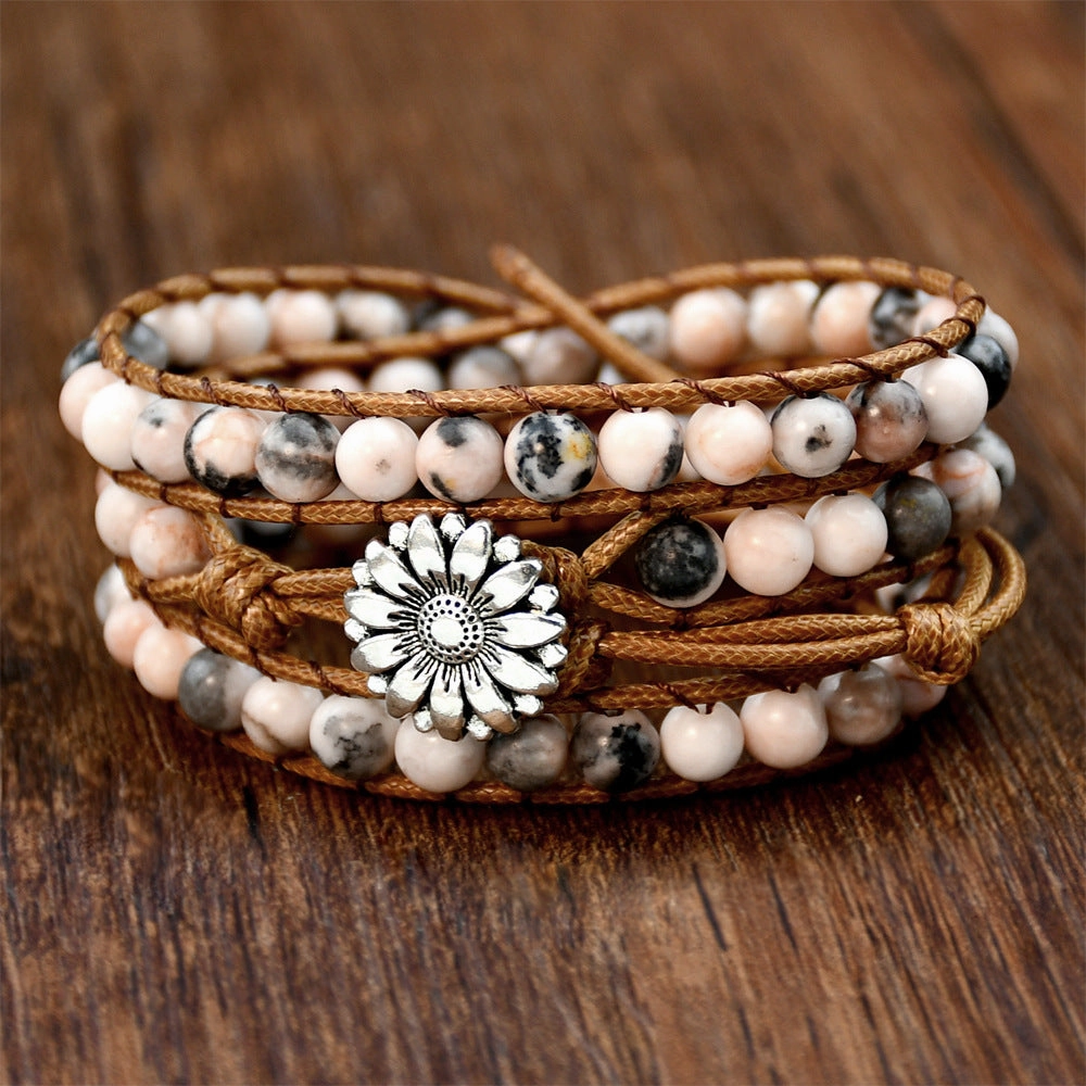 Wholesale  accessories hand-woven pink zebra stone beaded bracelet vintage bohemian multi-layer bracelet for women
