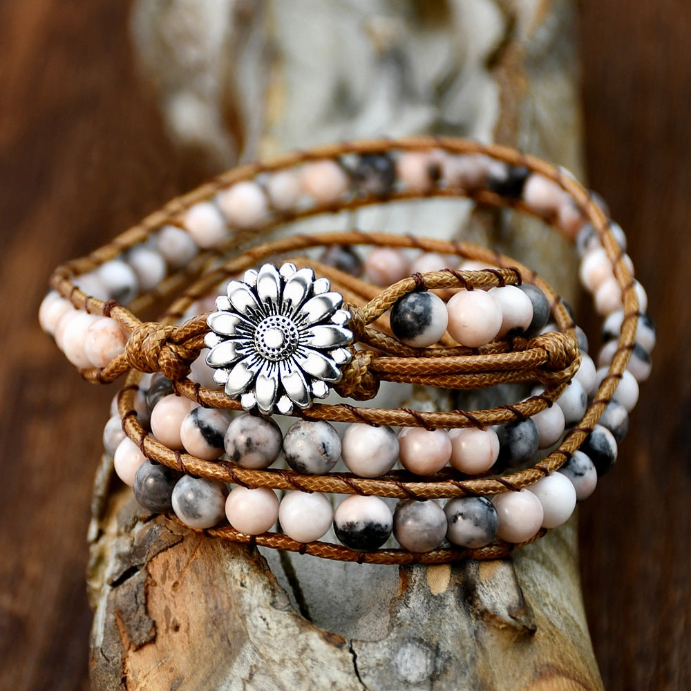 Wholesale  accessories hand-woven pink zebra stone beaded bracelet vintage bohemian multi-layer bracelet for women