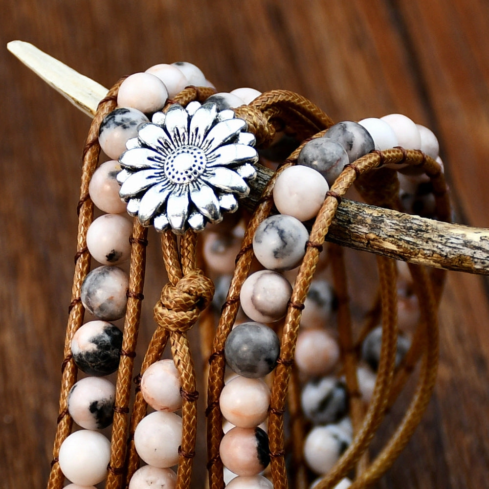 Wholesale  accessories hand-woven pink zebra stone beaded bracelet vintage bohemian multi-layer bracelet for women