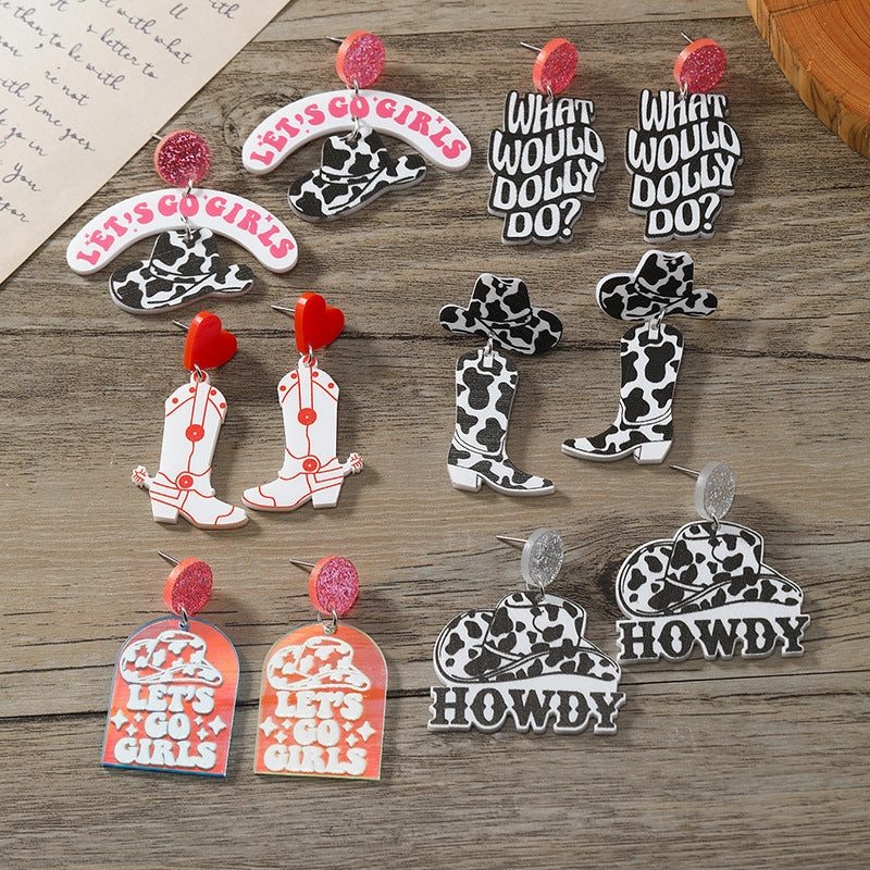 Wholesale Acrylic Cow Boots Western Cowboy Hat Earrings