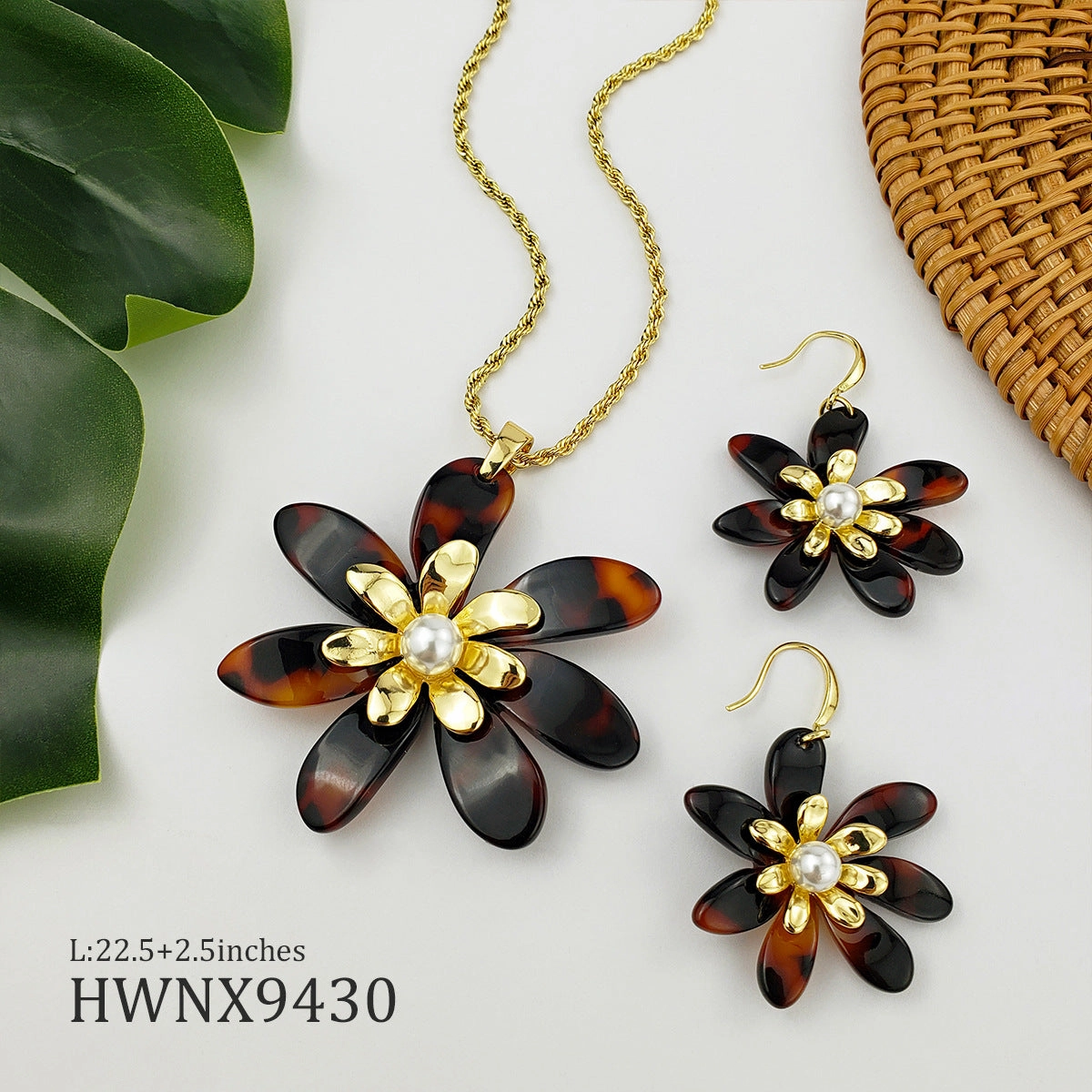 Wholesale Acrylic Large Flower Inlaid Pearl Earrings Jewelry Set