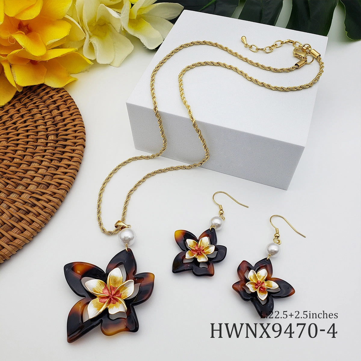 Wholesale Acrylic Large Flower Inlaid Pearl Earrings Jewelry Set