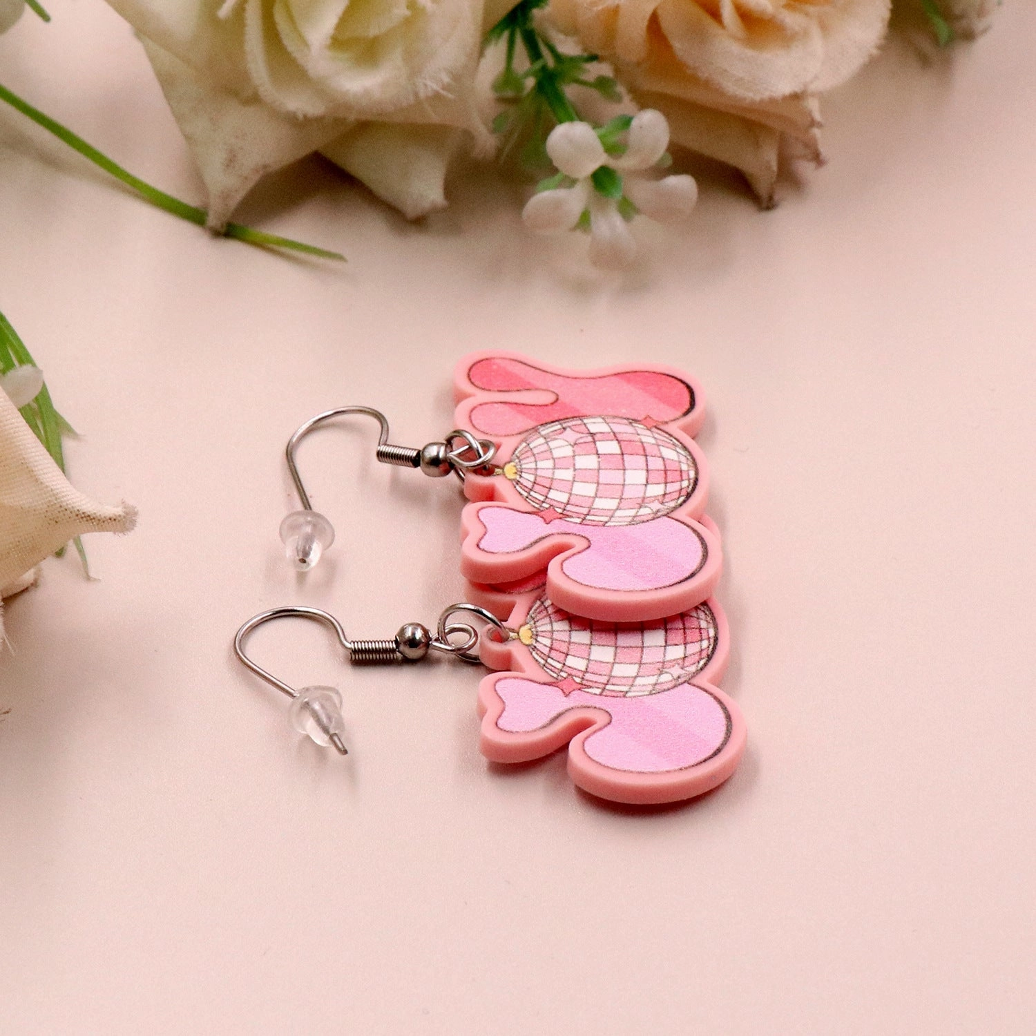Wholesale Acrylic Pink Christmas Disco Spike Earrings