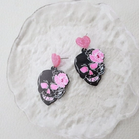 Wholesale Acrylic Pink Skull Earrings Engraved Graffiti Heart