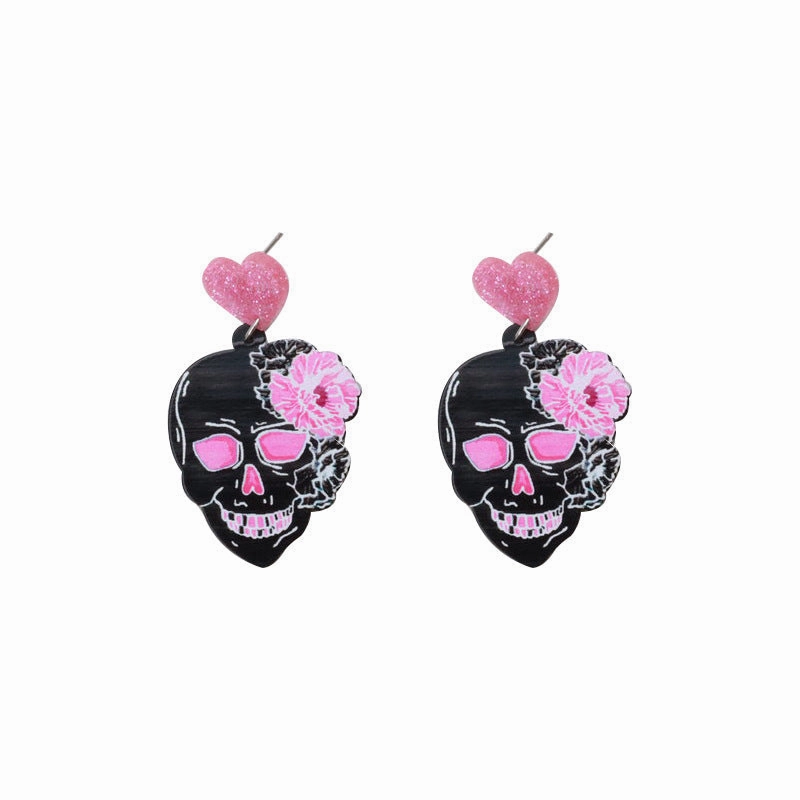 Wholesale Acrylic Pink Skull Earrings Engraved Graffiti Heart