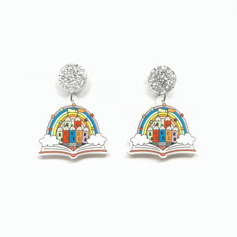 Wholesale Acrylic Printed Rainbow Book Color Crayon Castle Earrings