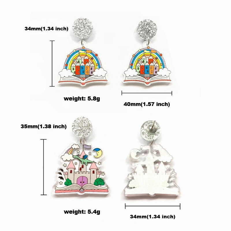 Wholesale Acrylic Printed Rainbow Book Color Crayon Castle Earrings
