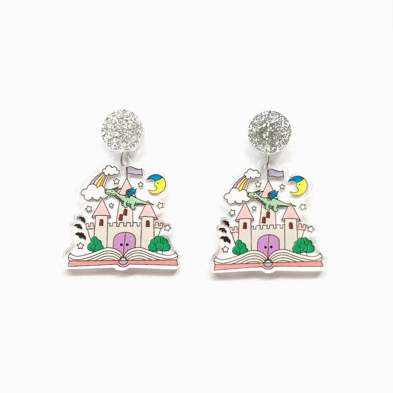 Wholesale Acrylic Printed Rainbow Book Color Crayon Castle Earrings