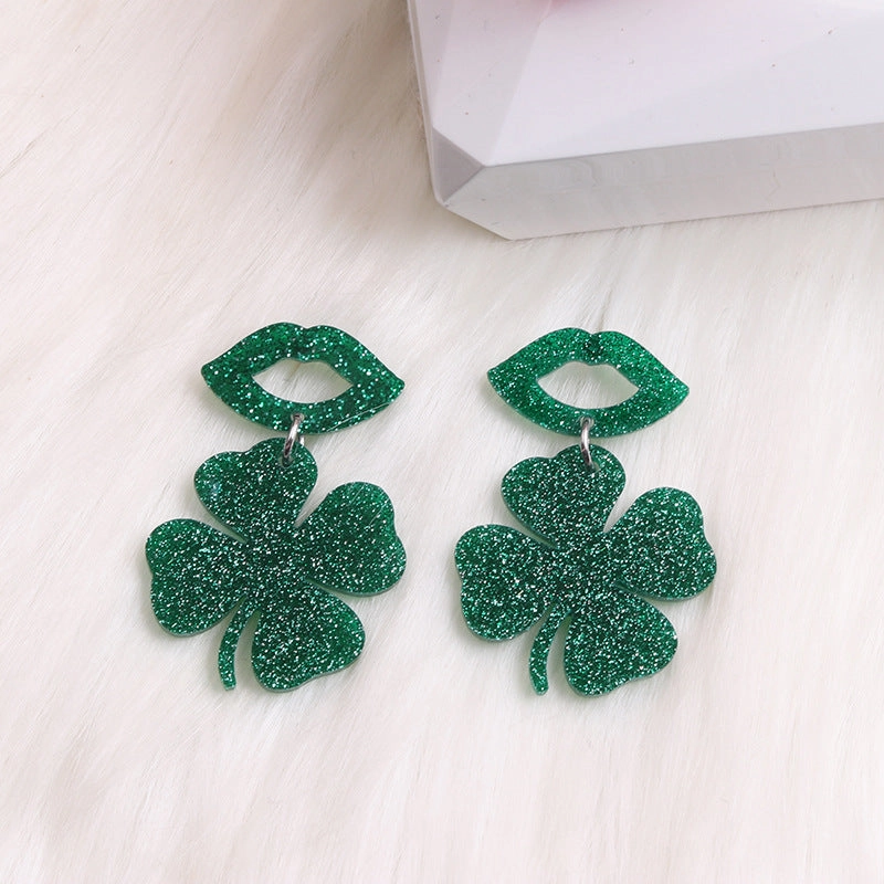 Wholesale Acrylic Saint Patrick Lip Clover Patchwork Earrings