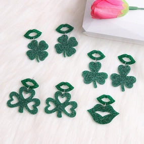 Wholesale Acrylic Saint Patrick Lip Clover Patchwork Earrings
