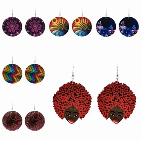Wholesale African Head Print Colorful Round Wooden Earrings