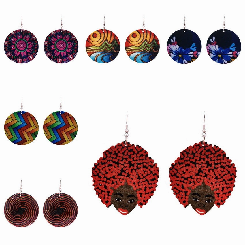 Wholesale African Head Print Colorful Round Wooden Earrings