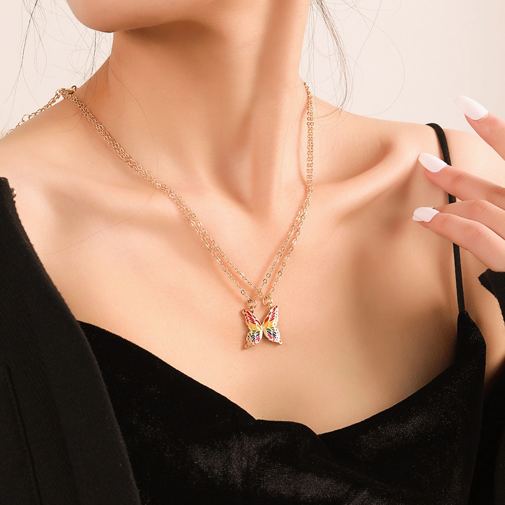 Wholesale Alloy 2pcs Rainbow Color Butterfly Necklaces