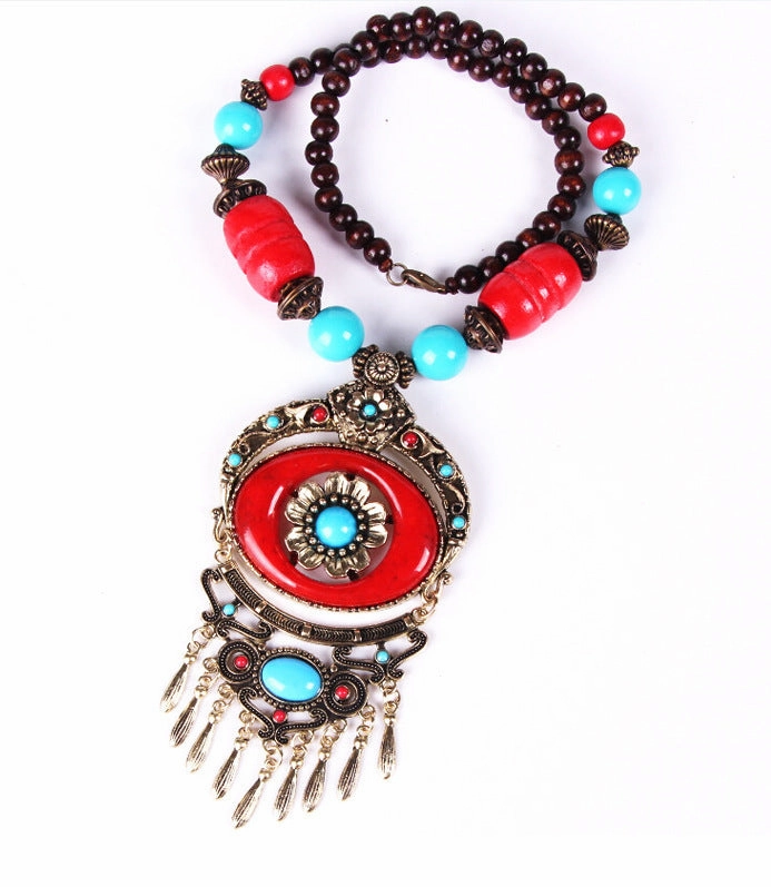 Wholesale Alloy Bohemian Disc Floral Tassel Necklace
