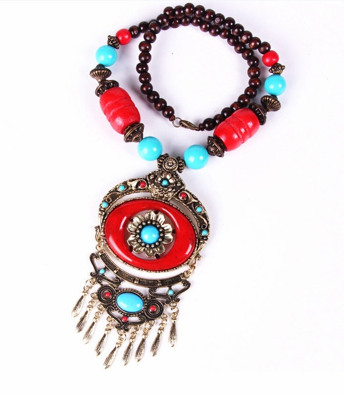 Wholesale Alloy Bohemian Disc Floral Tassel Necklace