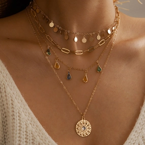 Wholesale Alloy Buckle Rhinestone Tassel Embossed Disc Pendant Necklace