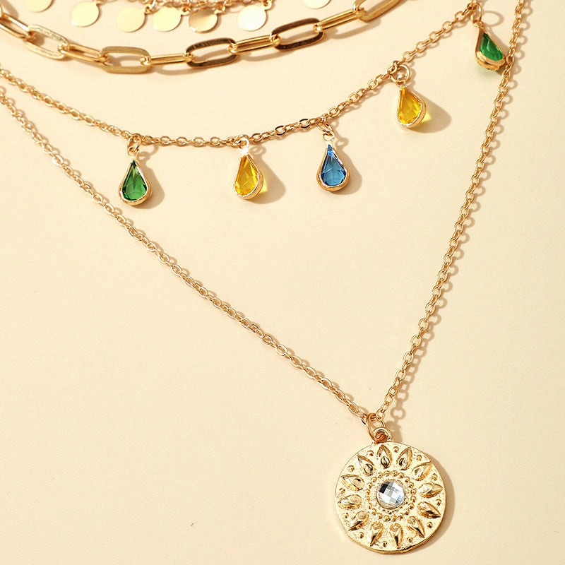Wholesale Alloy Buckle Rhinestone Tassel Embossed Disc Pendant Necklace