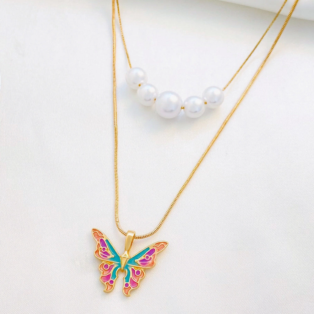 Wholesale Alloy Butterfly Necklace Pearl Double Chain Necklace