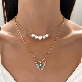 Wholesale Alloy Butterfly Necklace Pearl Double Chain Necklace