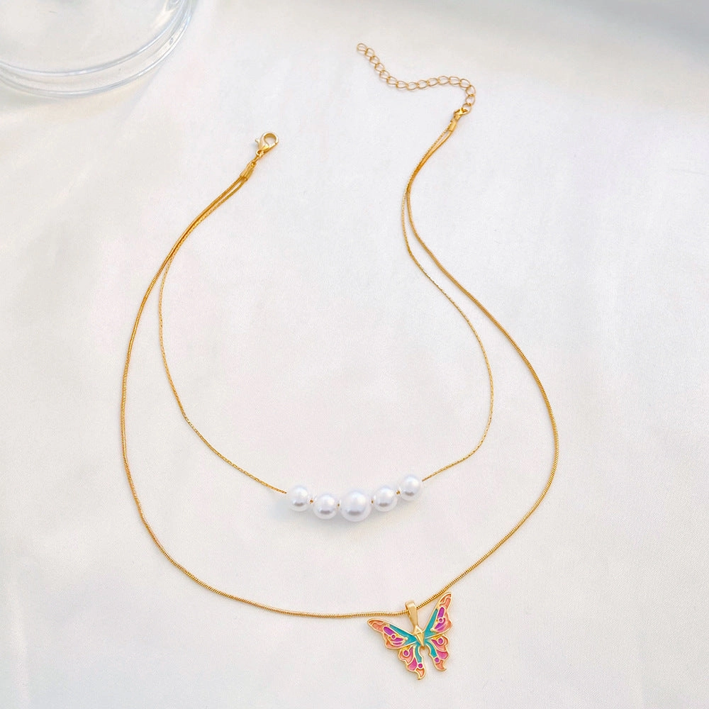 Wholesale Alloy Butterfly Necklace Pearl Double Chain Necklace