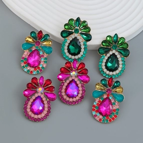 Wholesale Alloy Color Diamond Drop Shape Flower Gemstone Earrings