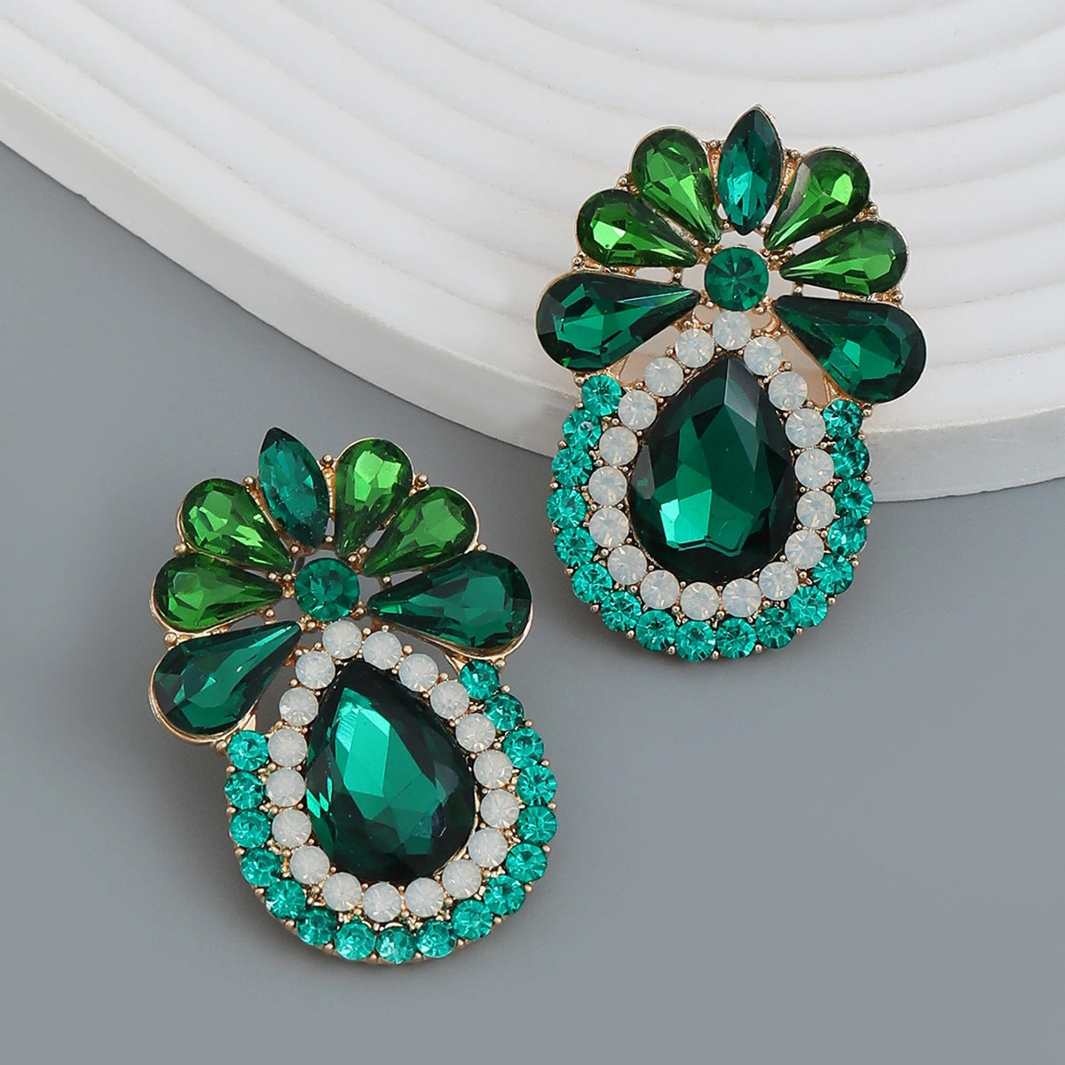 Wholesale Alloy Color Diamond Drop Shape Flower Gemstone Earrings