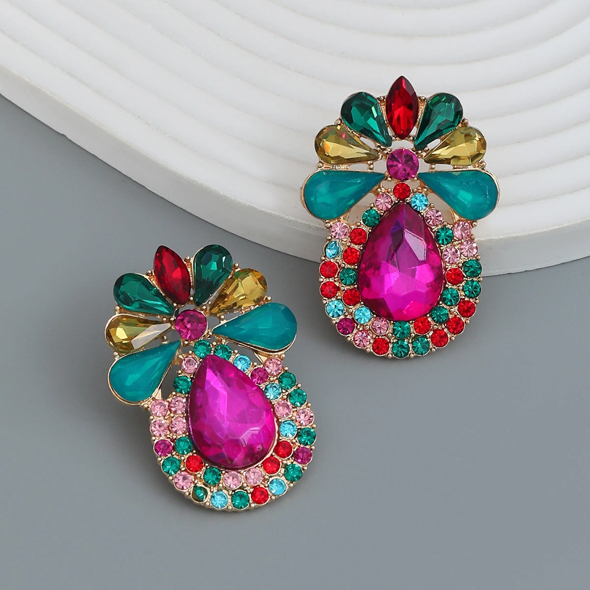 Wholesale Alloy Color Diamond Drop Shape Flower Gemstone Earrings