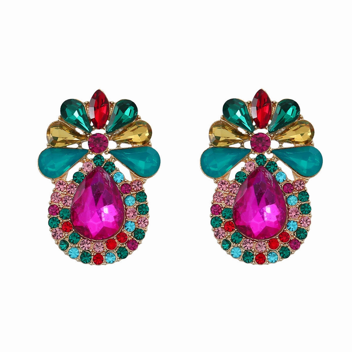 Wholesale Alloy Color Diamond Drop Shape Flower Gemstone Earrings