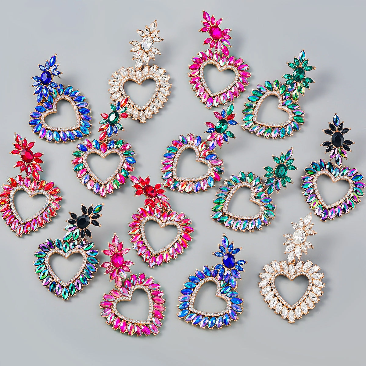 Wholesale Alloy Color Diamond Flower Love Shape Gemstone Earrings