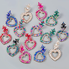 Wholesale Alloy Color Diamond Flower Love Shape Gemstone Earrings