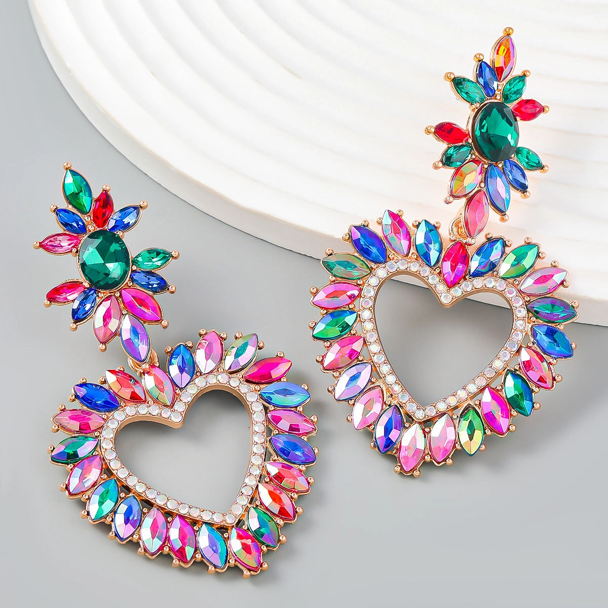 Wholesale Alloy Color Diamond Flower Love Shape Gemstone Earrings