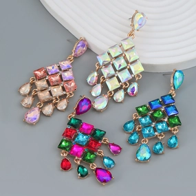 Wholesale Alloy Color Diamond Full Diamond Drop Shape Tassel Gemstone Earrings