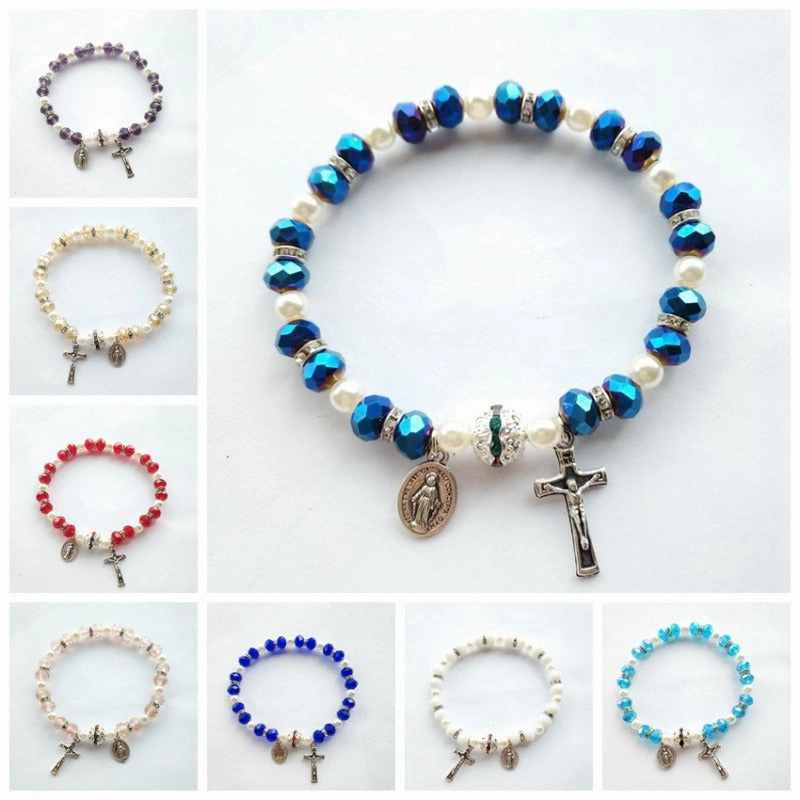 Wholesale Alloy Cross Crystal Girls Elastic Beaded Bracelet