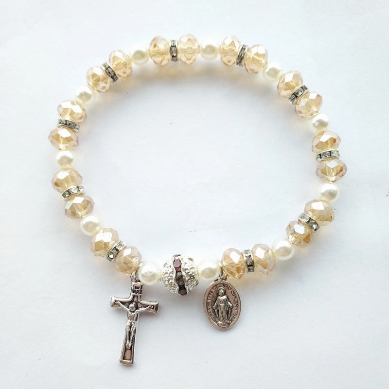Wholesale Alloy Cross Crystal Girls Elastic Beaded Bracelet