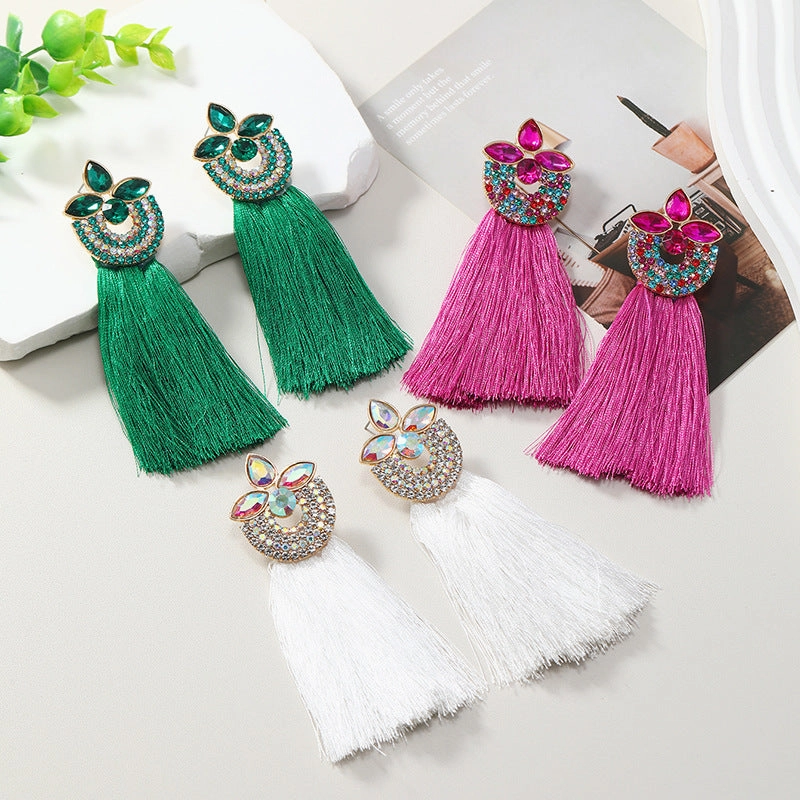 Wholesale Alloy Diamond Inlaid Flower Long Ring Tassel Earrings