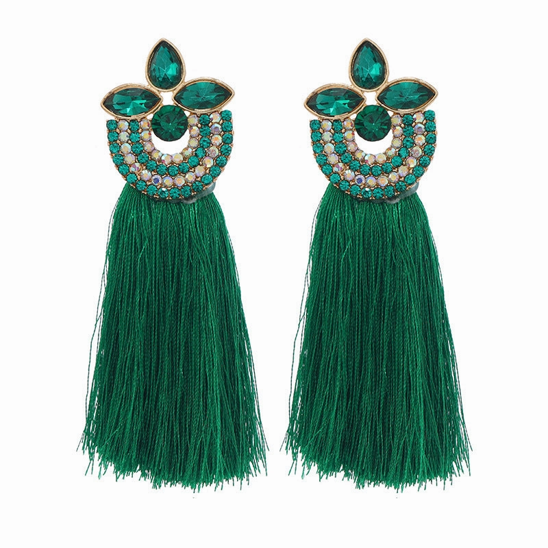Wholesale Alloy Diamond Inlaid Flower Long Ring Tassel Earrings