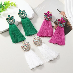 Wholesale Alloy Diamond Inlaid Flower Long Ring Tassel Earrings