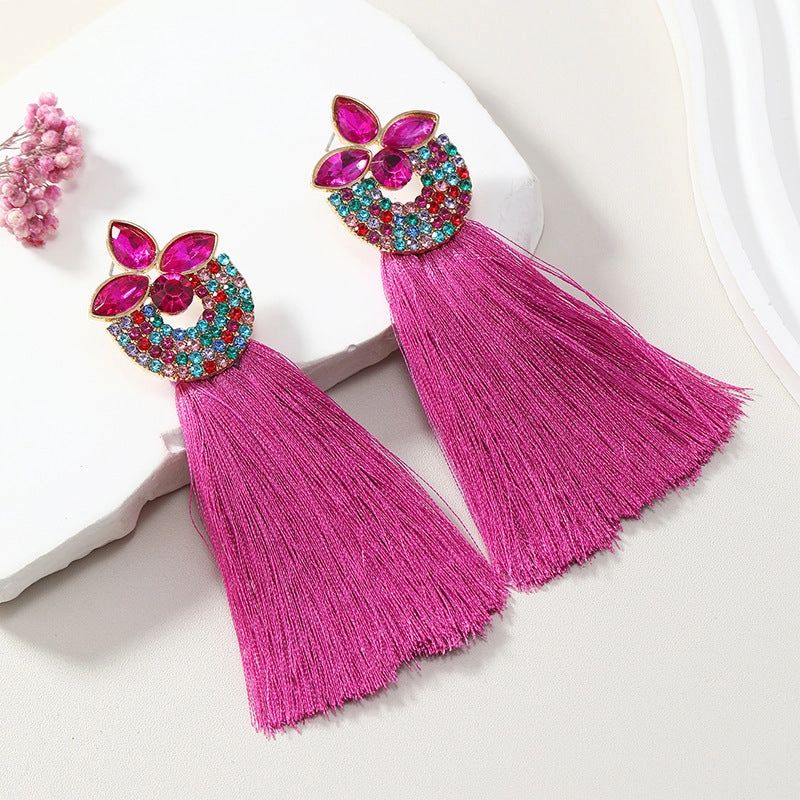 Wholesale Alloy Diamond Inlaid Flower Long Ring Tassel Earrings