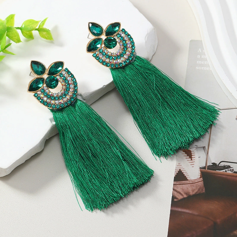 Wholesale Alloy Diamond Inlaid Flower Long Ring Tassel Earrings