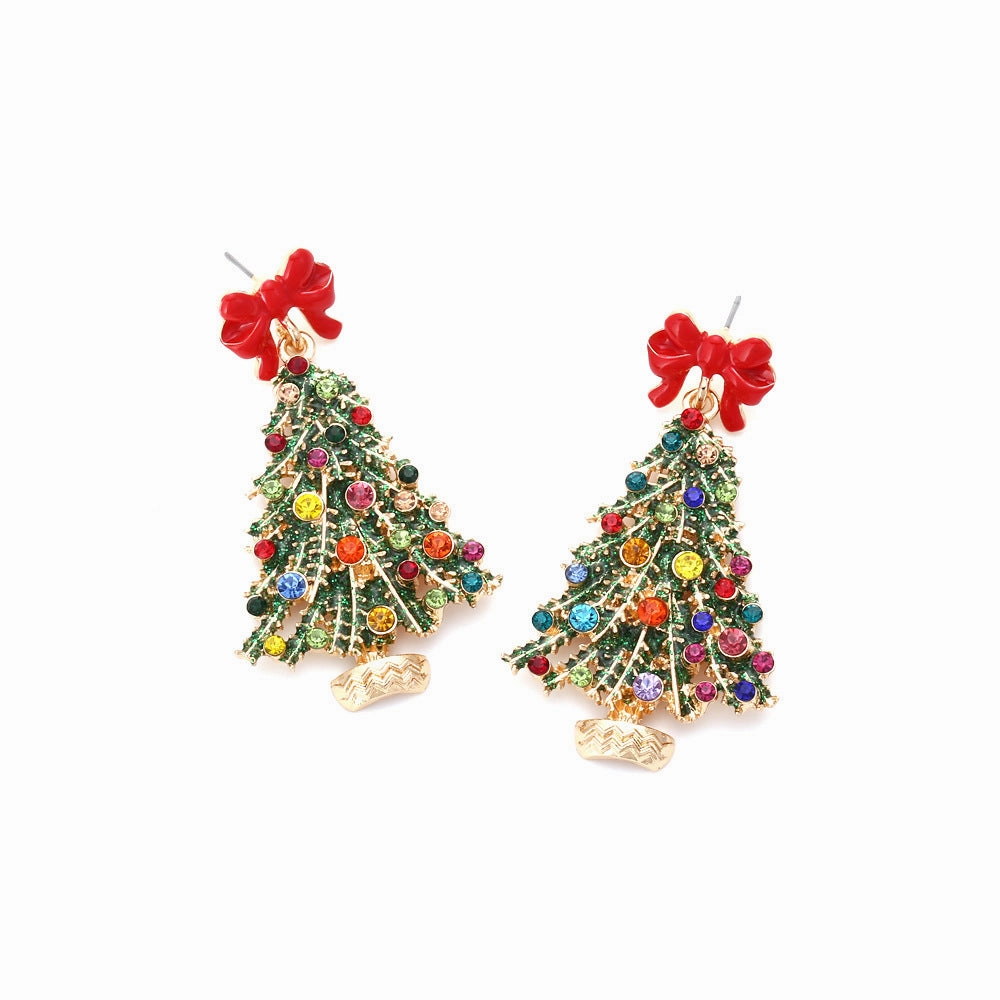Wholesale Alloy Drip Oil Bow Christmas Tree Colored Diamond Earrings