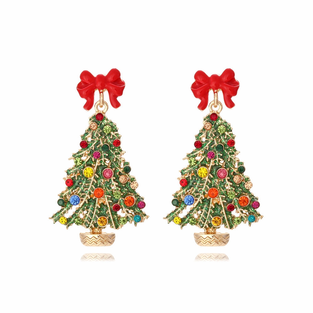Wholesale Alloy Drip Oil Bow Christmas Tree Colored Diamond Earrings