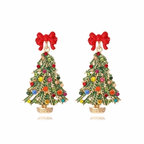 Wholesale Alloy Drip Oil Bow Christmas Tree Colored Diamond Earrings