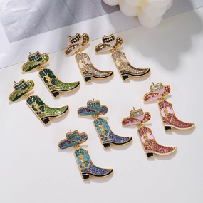 Wholesale Alloy Drop Oil Diamond Studded Western Cowboy Hat Boots Earrings