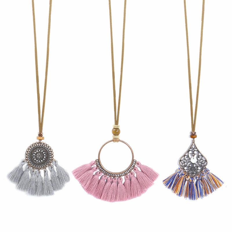 Wholesale Alloy Geometric Handwoven Ethnic Style Tassel Pendant Necklace Set